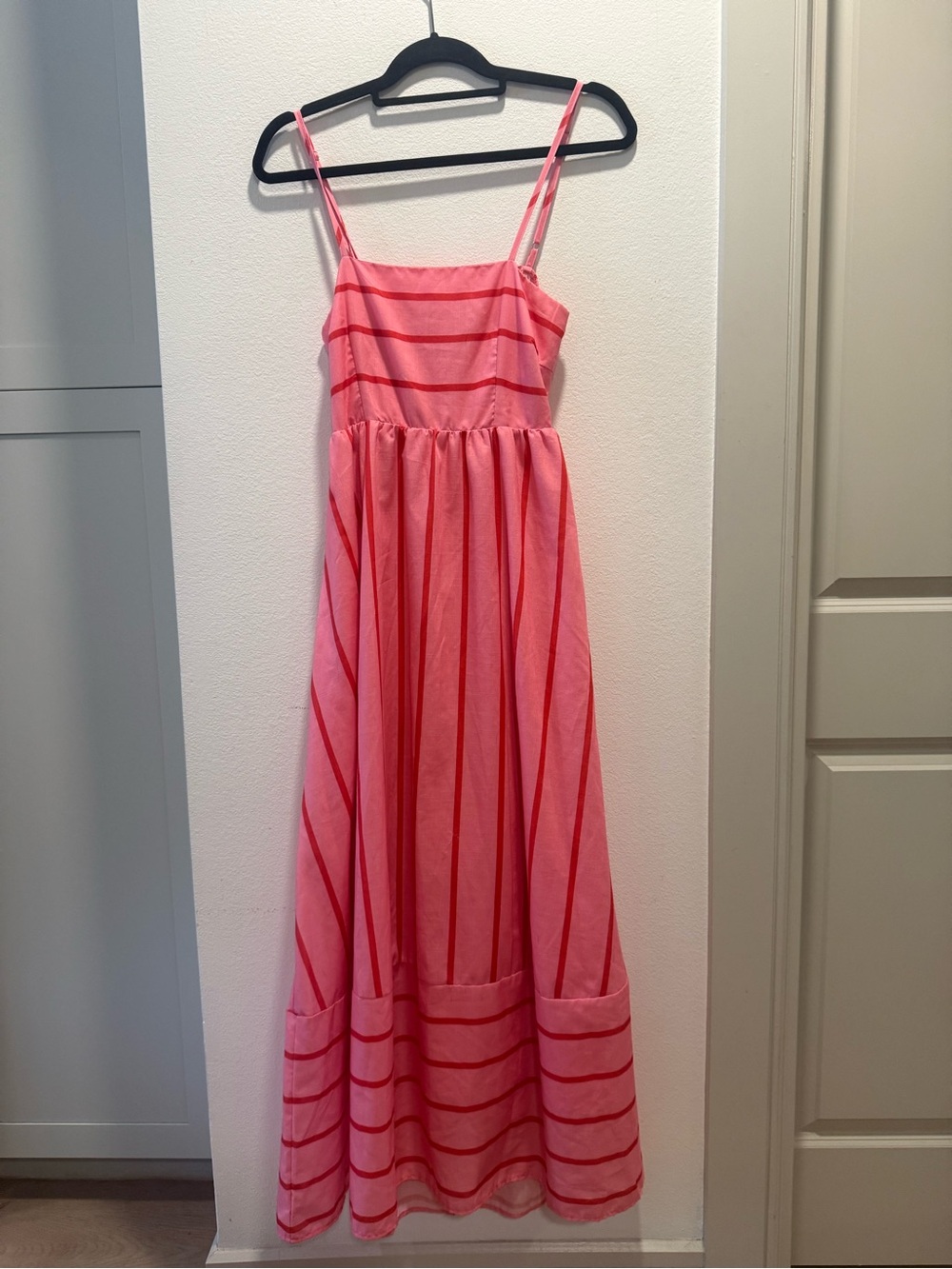 Pink Striped Smocked Back Midi Sundress Adjustable Strap Dress S